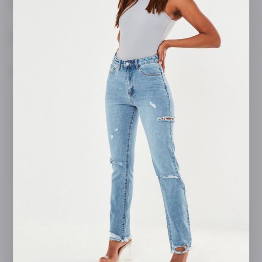 blue slim straight highwaisted thigh slash jeans
